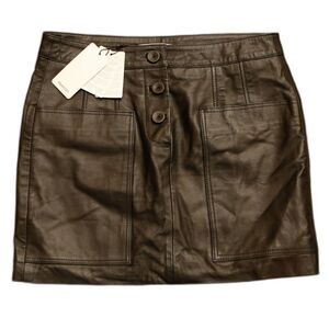Mango Genuine Leather Mini Skirt Black Button Front Patch Pocket Size S NWT